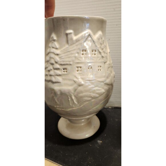Vintage Iridescent Lusterware Vase – Cottage Scene Relief 10” Ceramic - Picture 3 of 11
